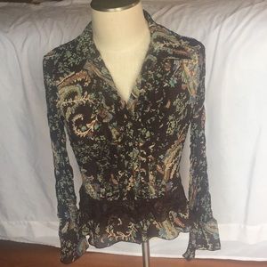 Vintage 70s style brown floral ruffle blouse